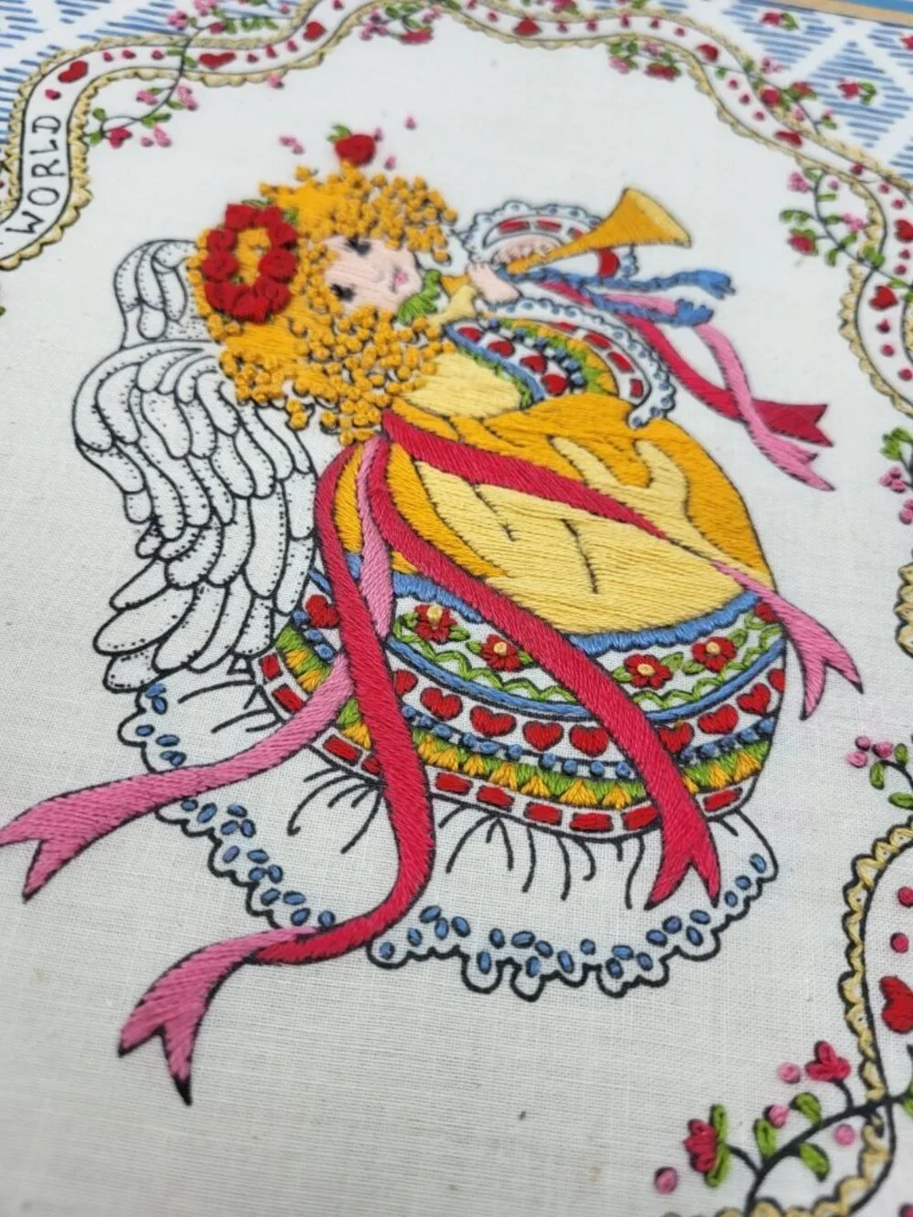 Vintage Herald Angel Embroidered needlepoint picture Textured Joy to the world